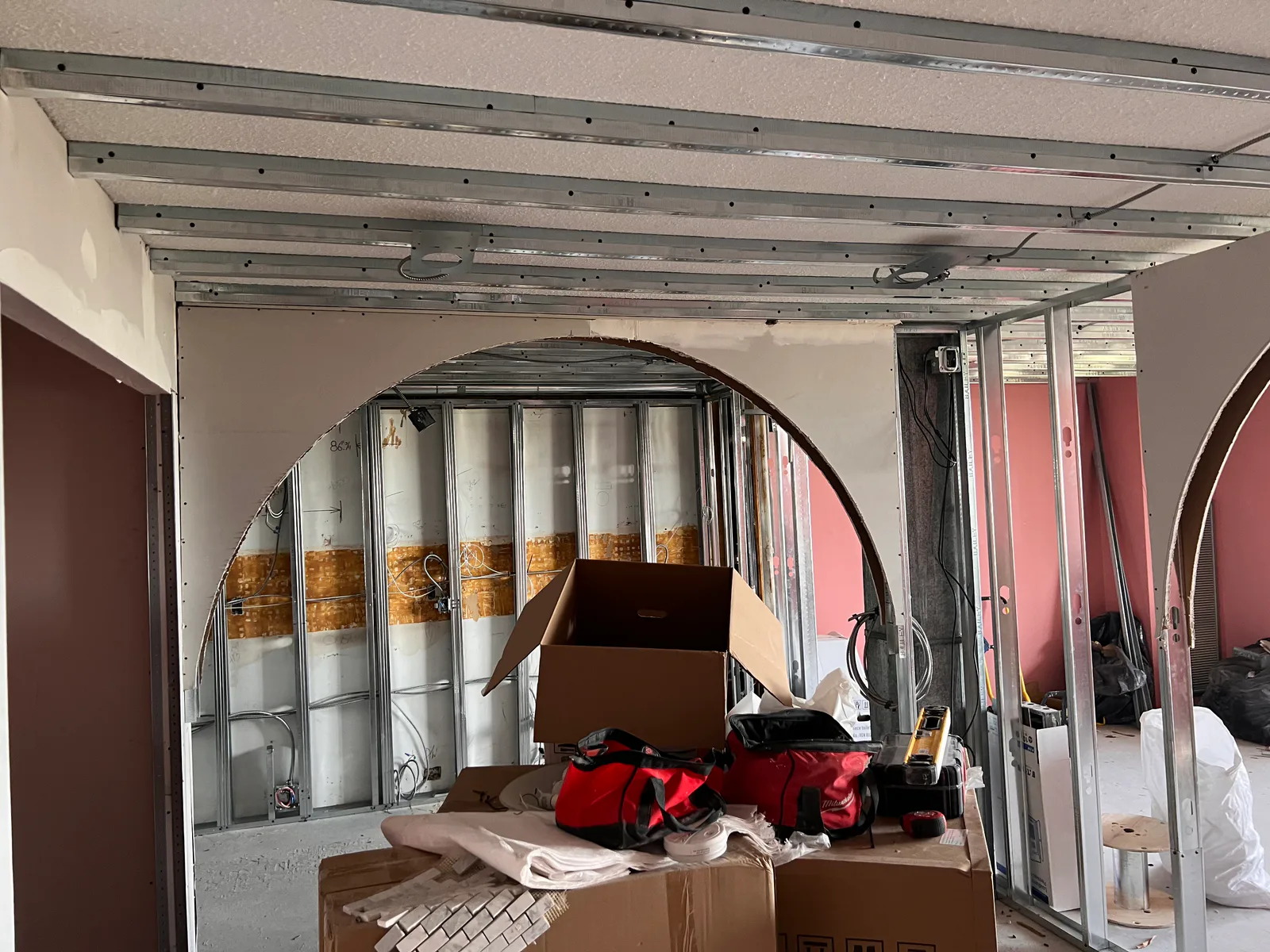 Framed interior wall and arch work during renovation at 3000 Bathurst
