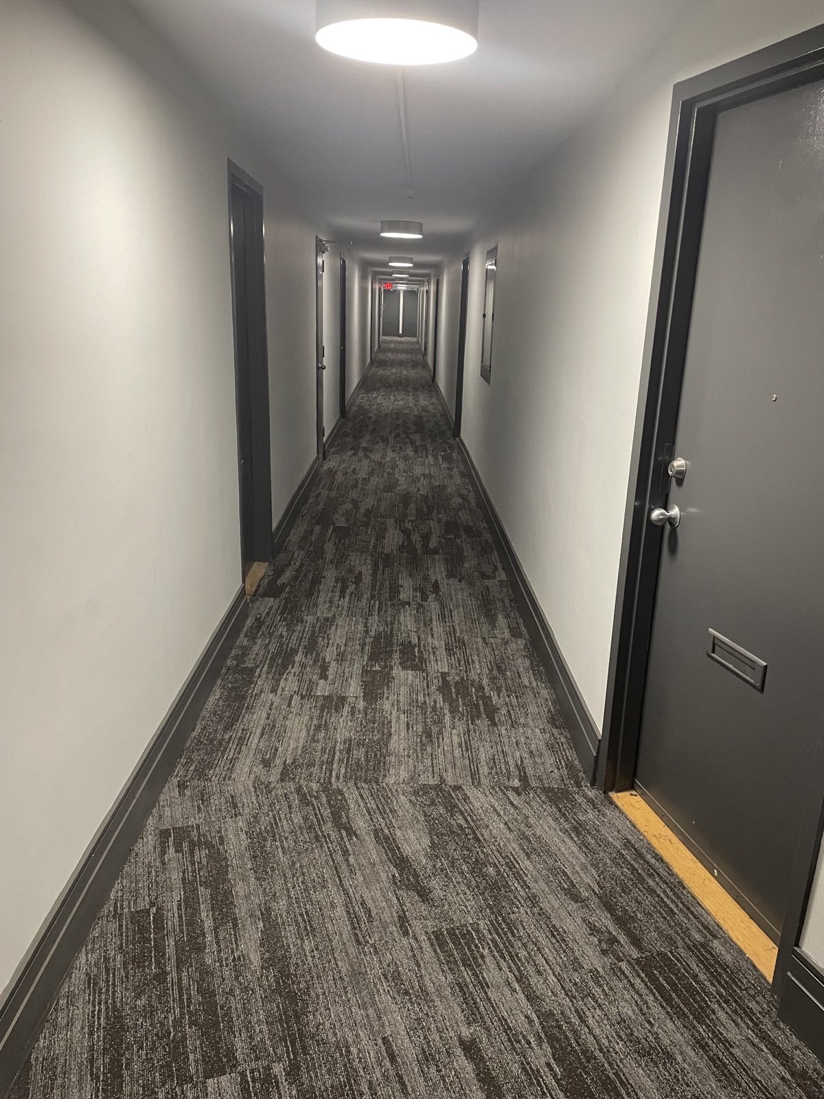 Completed multi-unit residential hallway with grey carpet tile, white walls, and dark doors and trim