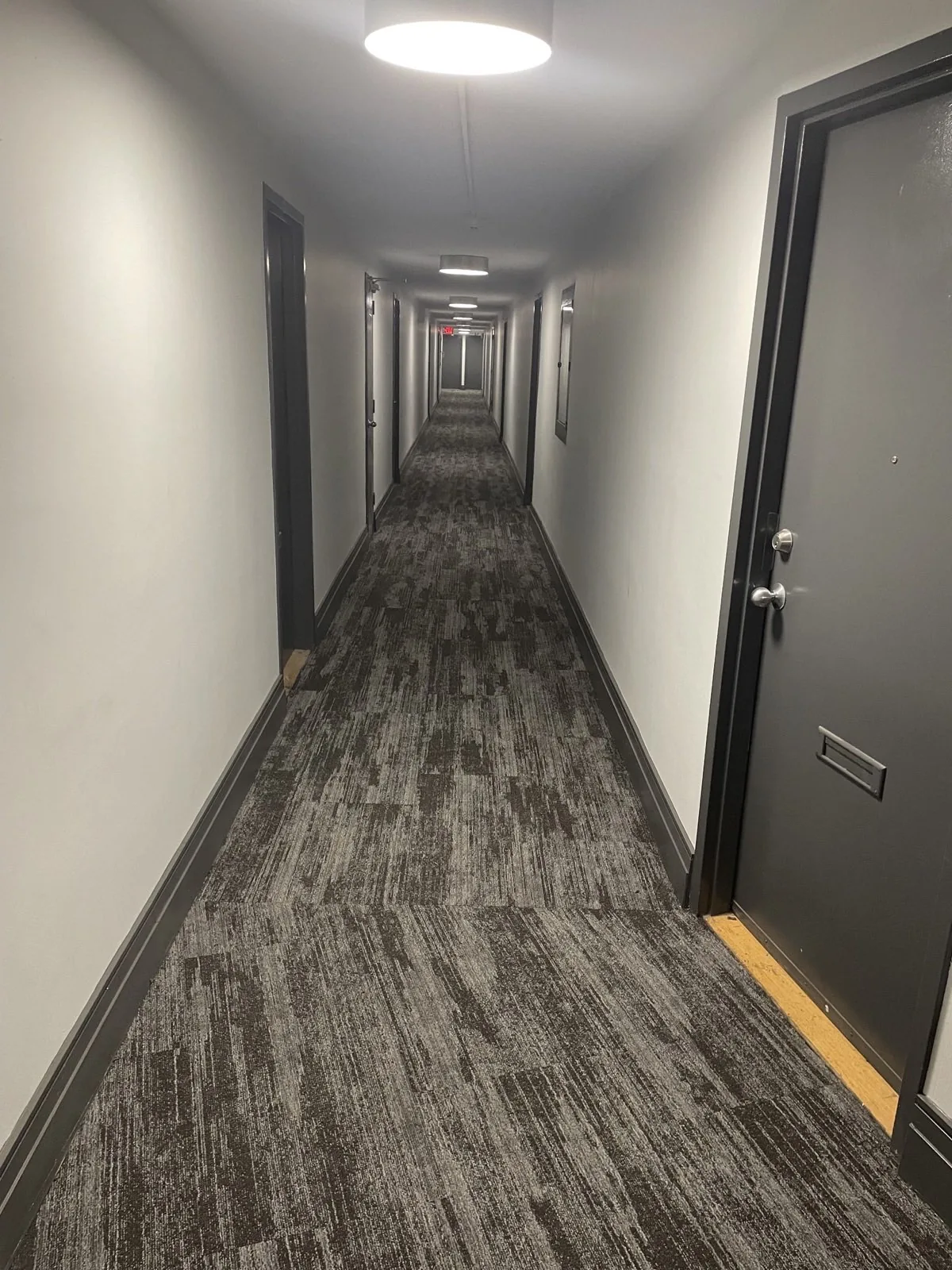 Completed multi-unit residential hallway with grey carpet tile, white walls, and dark doors and trim