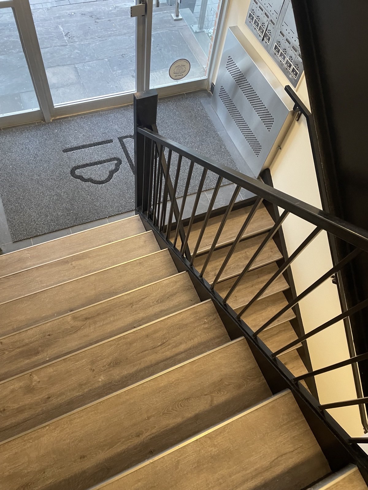 Completed building entrance stairwell with wood-look treads, metal nosings, and black railing