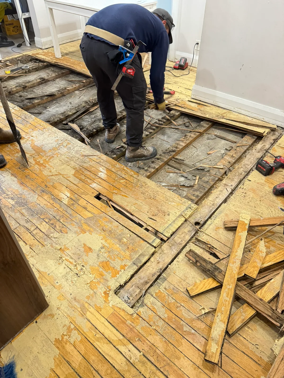 Selective floor demolition exposing framing at the Eglinton Avenue West Toronto project