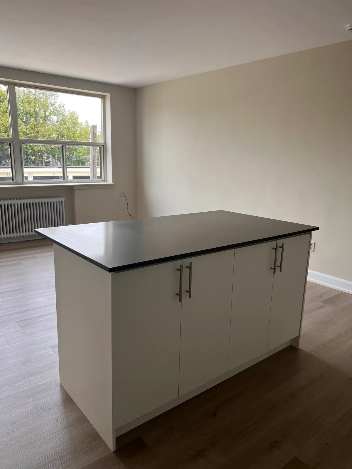 Open living space with kitchen island and new flooring
