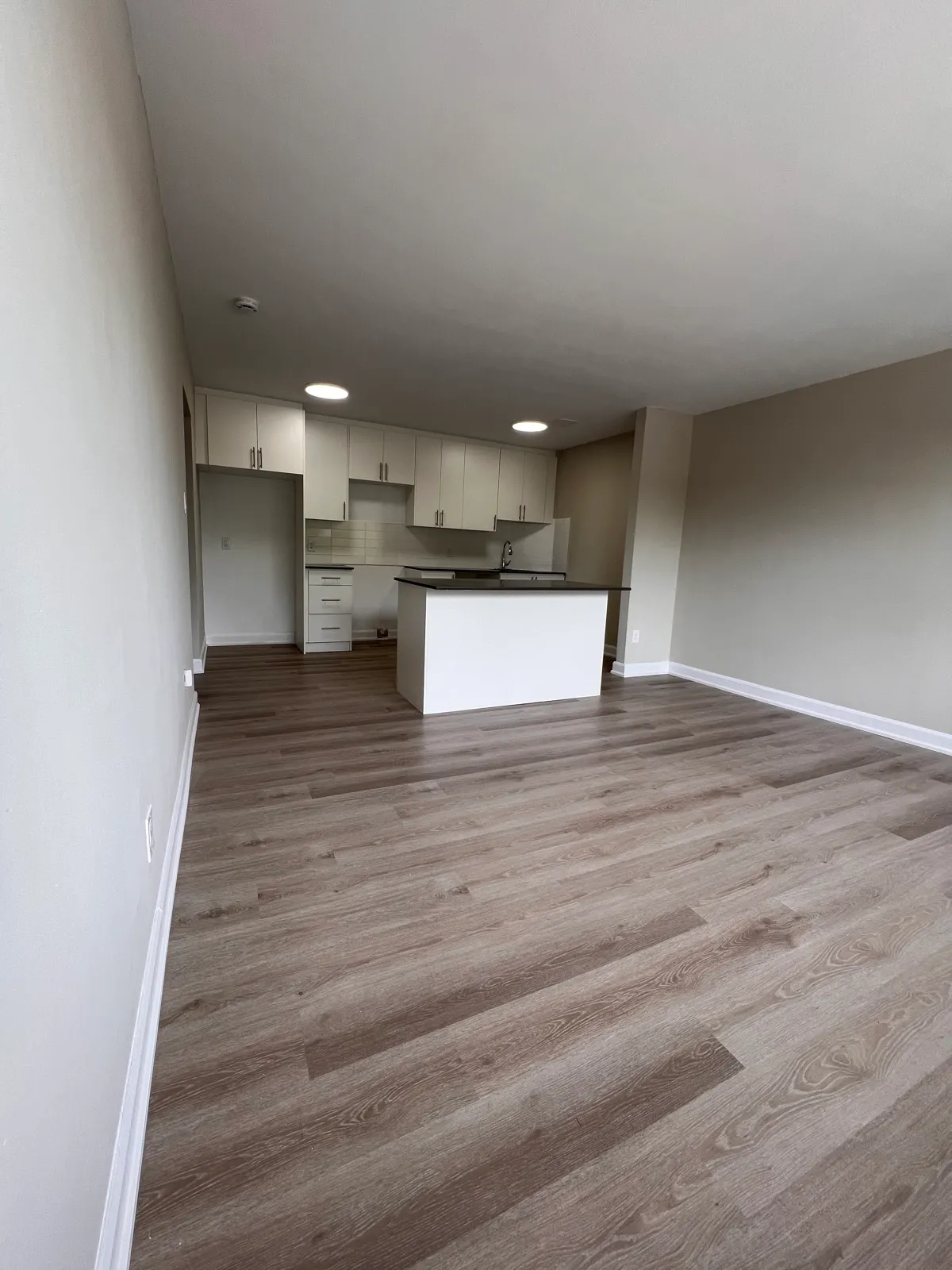 Finished open living space with kitchen island and resilient flooring