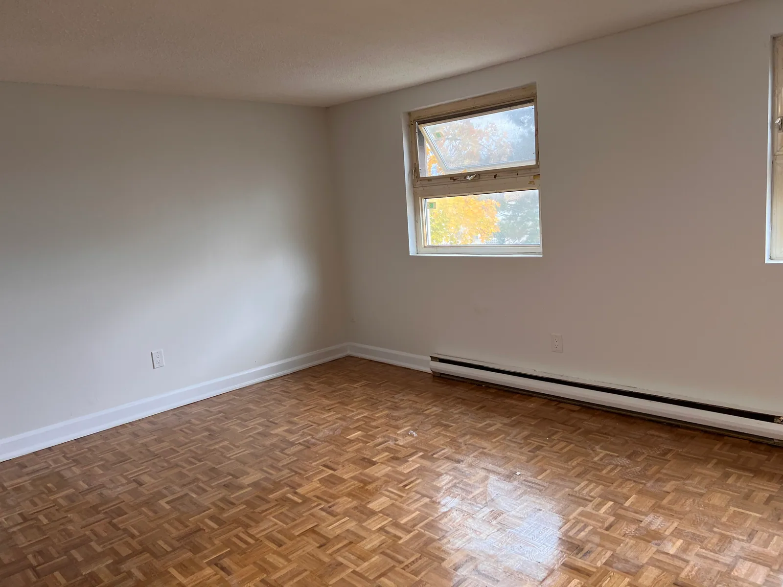 Completed condo room with light walls and parquet floor on Goreway in Brampton