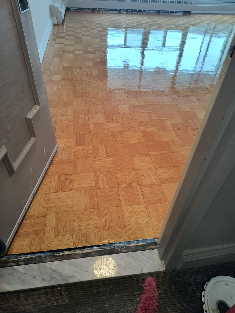 Glossy finished parquet at a doorway transition in Hamilton