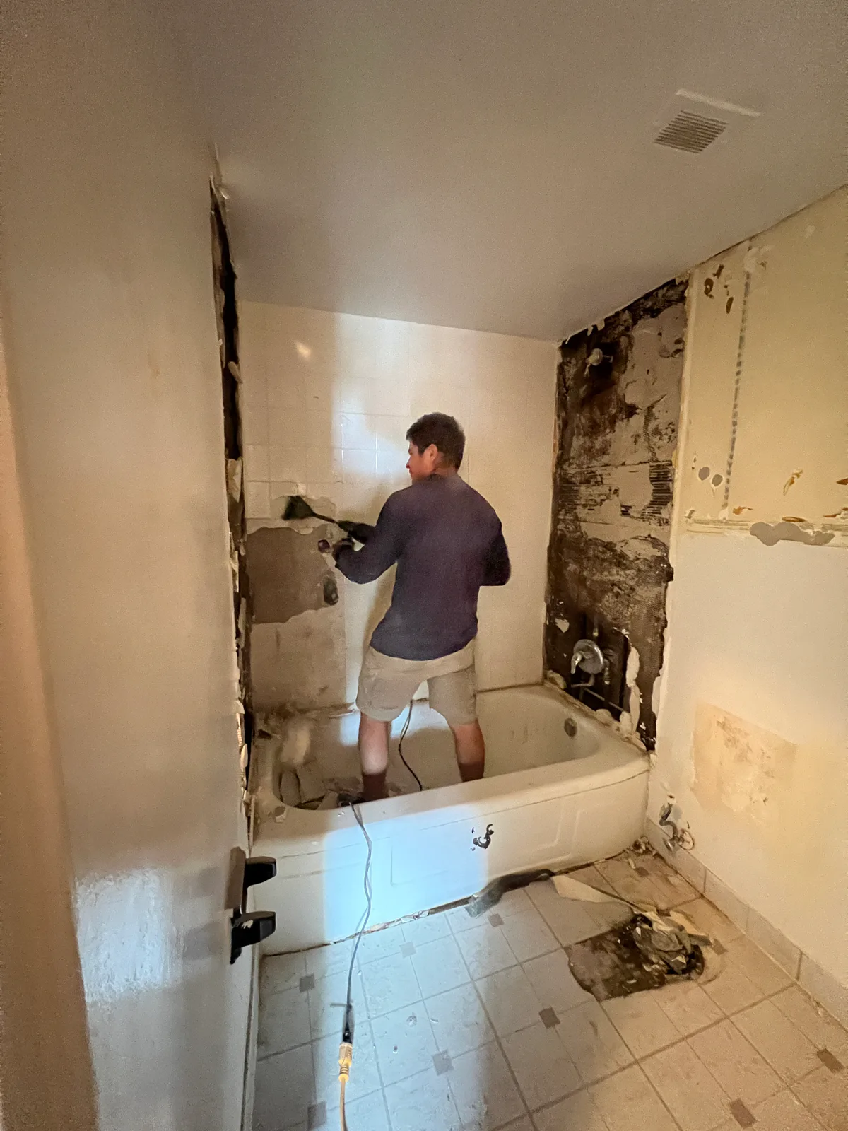 Bathroom demolition underway at the Kingsbridge apartment in Bathurst, Toronto