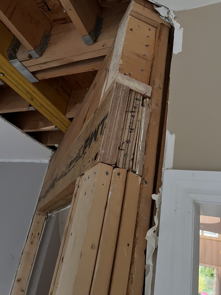 Exposed header, joists, and supporting framing at a wall line