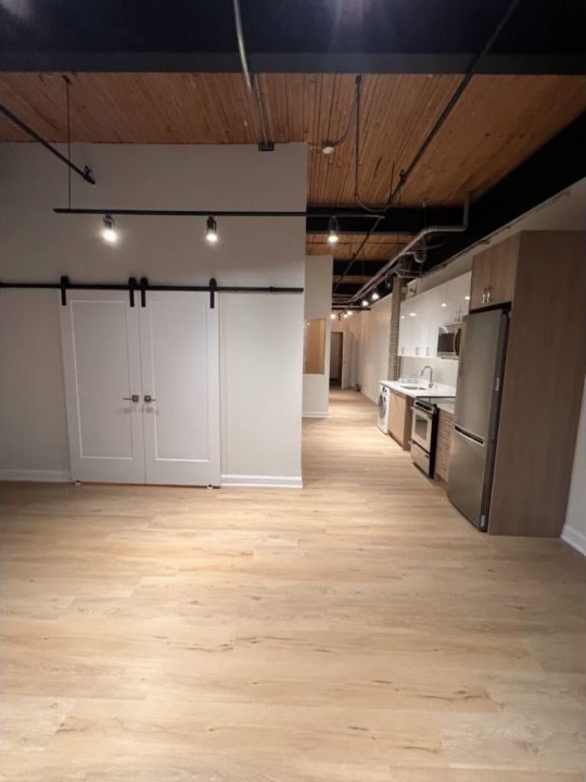 Open-concept loft with finished kitchen, sliding doors, lighting, and wood flooring