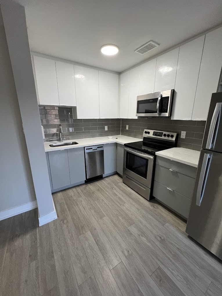 Finished kitchen with white cabinets, grey backsplash, stainless appliances, and plank flooring