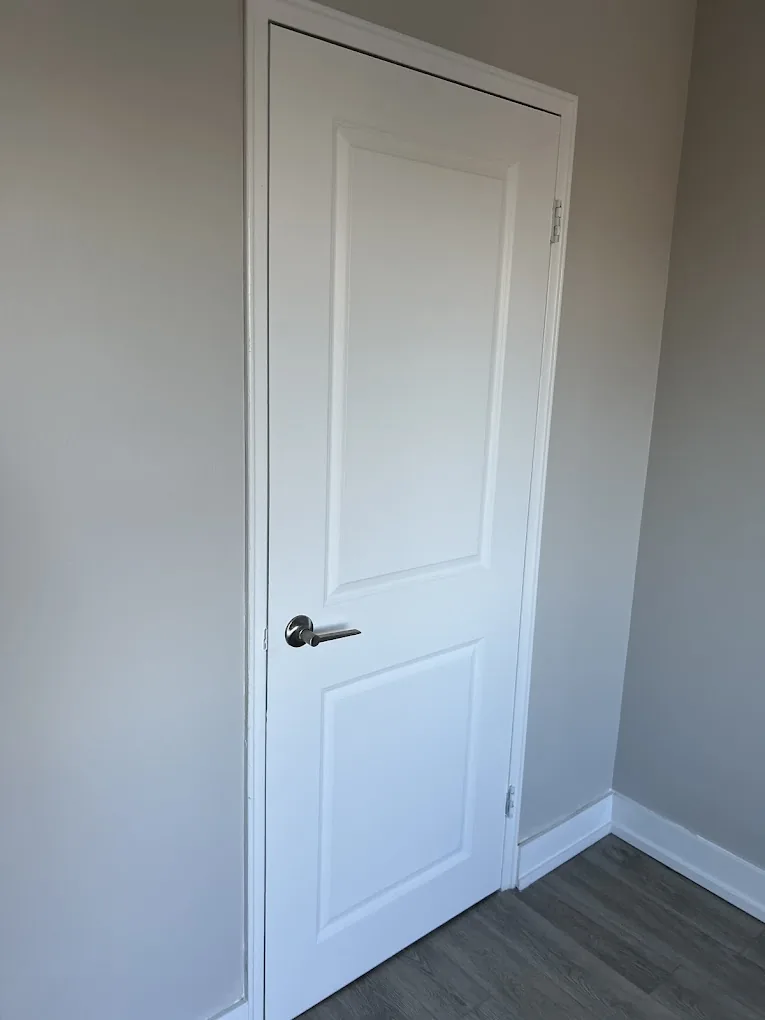 White paneled interior door with modern lever handle and finished trim